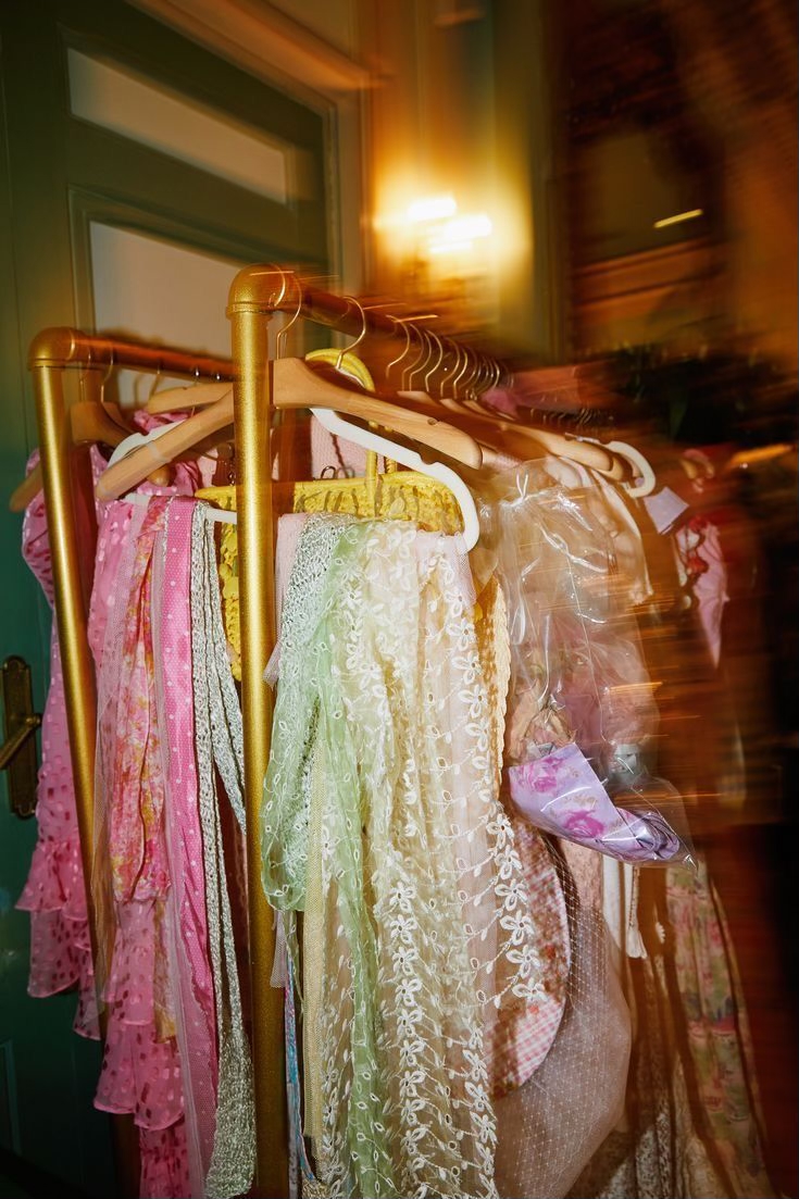 Trendy curated walk-in closet with designer handbags, hanging garments and statement shoes